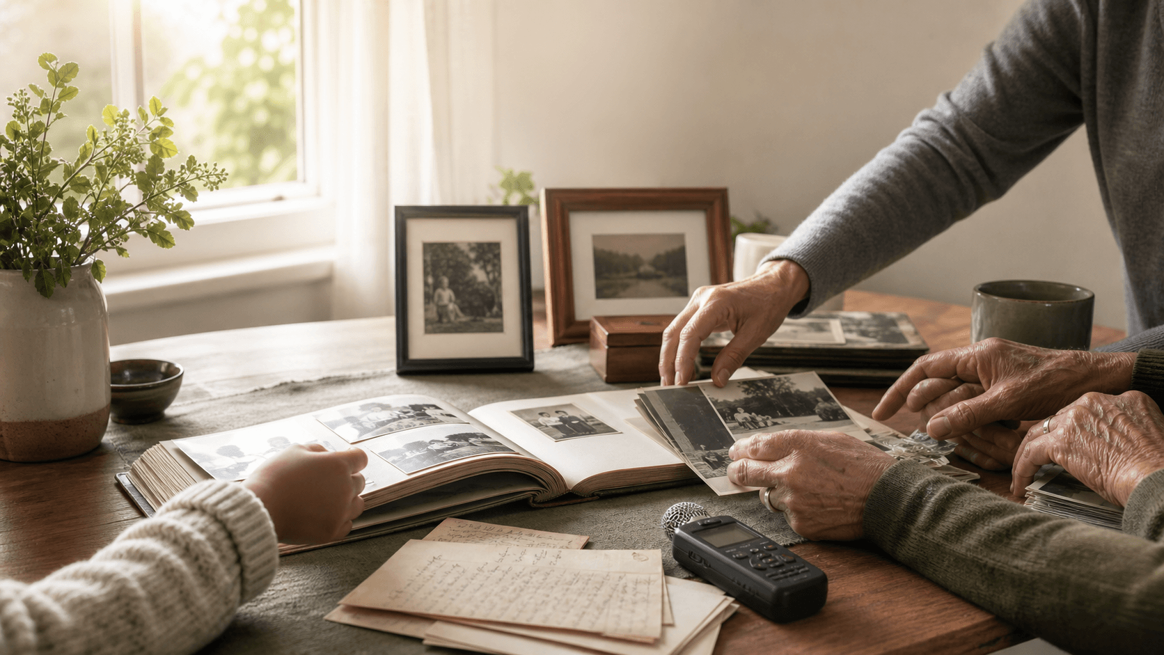 Family hands arranging photographs and keepsakes at a table